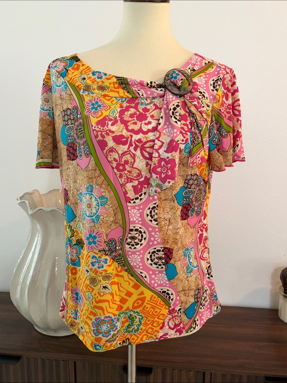 NWOT Mixed Floral Patchwork Short Sleeve Blouse in Pink & Yellow